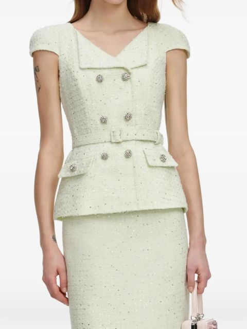 Self-Portrait button belted boucle midi dress - Green