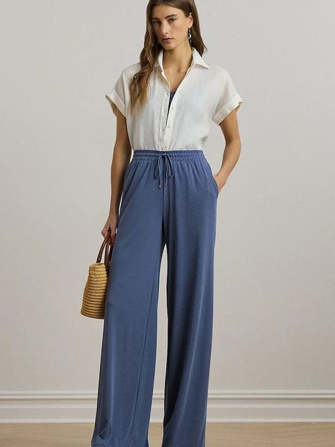 Lauren Ralph Lauren spodnie damskie kolor niebieski szerokie high waist 200971075