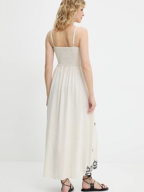 Answear.LAB sukienka z lnem kolor beżowy midi rozkloszowana