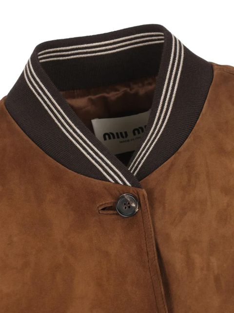Miu Miu logo-patch suede bomber jacket - Brown