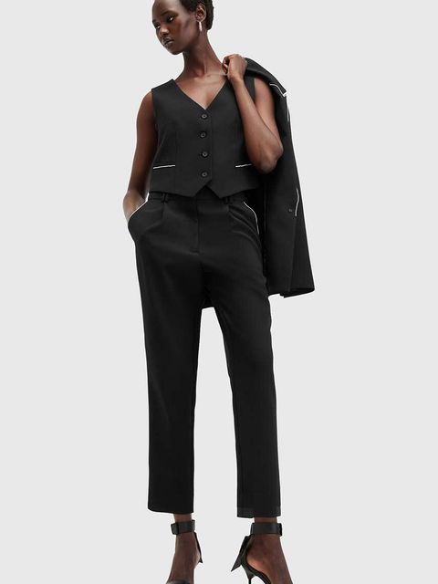 AllSaints kamizelka z domieszką wełny ATLAS KRYS WAISTCOAT kolor czarny jednorzędowa W006QB