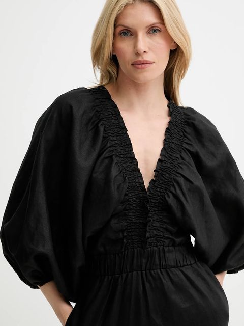 Answear.LAB sukienka lniana kolor czarny midi rozkloszowana