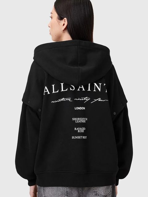 AllSaints bluza bawełniana AROMA damska kolor czarny z kapturem z nadrukiem W134JC