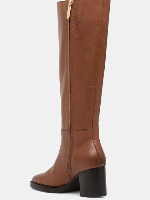 Tommy Hilfiger kozaki skórzane STACKED HEEL LEATHER LONG BOOT damskie kolor brązowy na słupku FW0FW08865