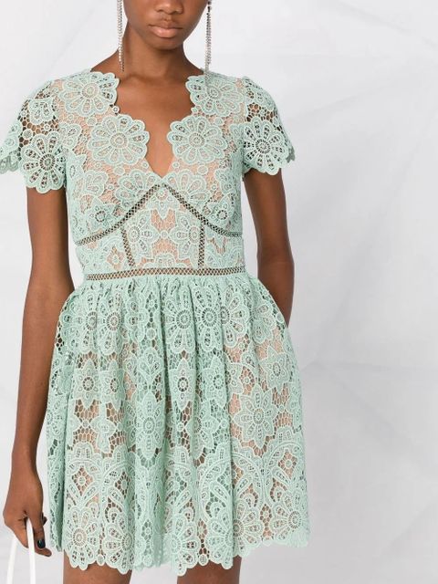 Self-Portrait lace-panel short-sleeve dress - Green