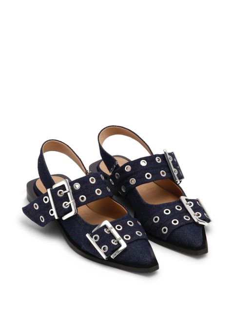 GANNI buckle-detail denim ballerina shoes - Blue