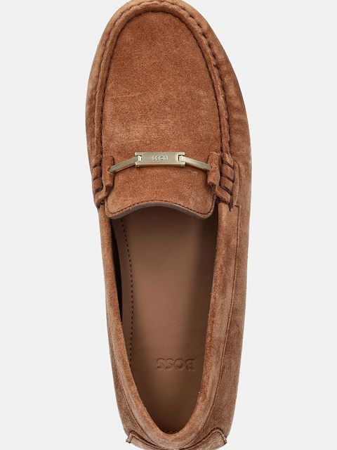 BOSS mokasyny zamszowe Roxanne damskie kolor brązowy na płaskim obcasie 50548657