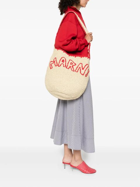 Marni logo-embroidered paper shoulder bag - Neutrals