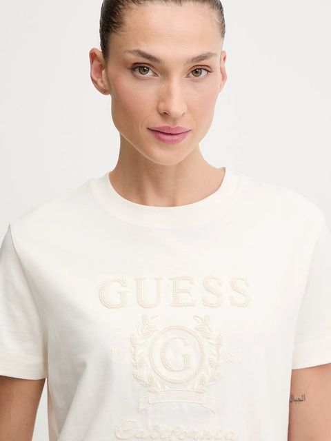 Guess t-shirt bawełniany MENA damski kolor beżowy V5BI07 K8FQ4