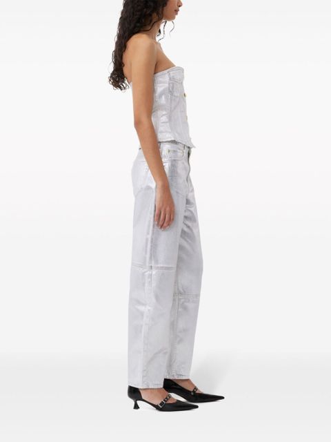 GANNI foiled-finish organic-cotton denim top - Silver - zdjęcie produktu nr 2