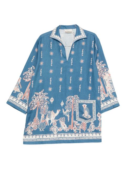 ALEMAIS Acacia collared graphic-print mini dress - Blue