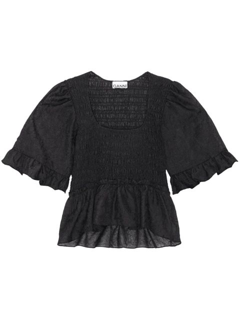 GANNI Crinkled Georgette Smock Blouse - Black