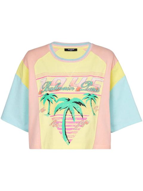 Balmain Palm Tree-print cropped T-shirt - Yellow - zdjęcie produktu nr 1