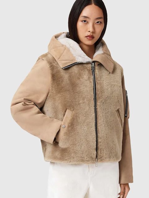 AllSaints kurtka zamszowa kolor beżowy przejściowa W062LD - zdjęcie produktu nr 1