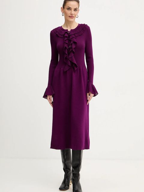 Luisa Spagnoli sukienka wełniana kolor fioletowy midi rozkloszowana 100175 - zdjęcie produktu nr 1