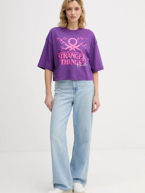 United Colors of Benetton t-shirt bawełniany x Stranger Things damski kolor fioletowy 3BL0D10BC - zdjęcie produktu nr 2
