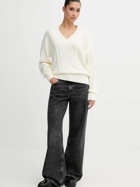 HUGO sweter z dodatkiem wełny damski kolor beżowy 50554075 - zdjęcie produktu nr 2