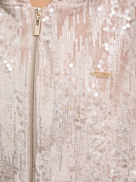 Guess bluza damska kolor beżowy z kapturem z aplikacją V5BQ02 K1922