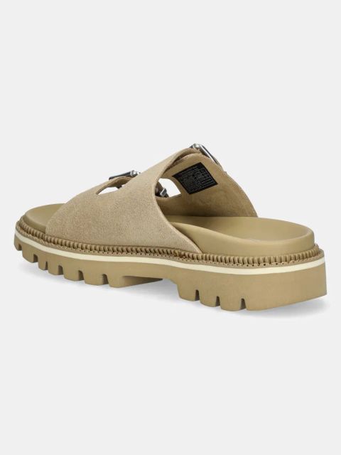 Tommy Jeans klapki zamszowe DOUBLE STRAP SANDAL SUEDE damskie kolor beżowy na platformie EN0EN02797