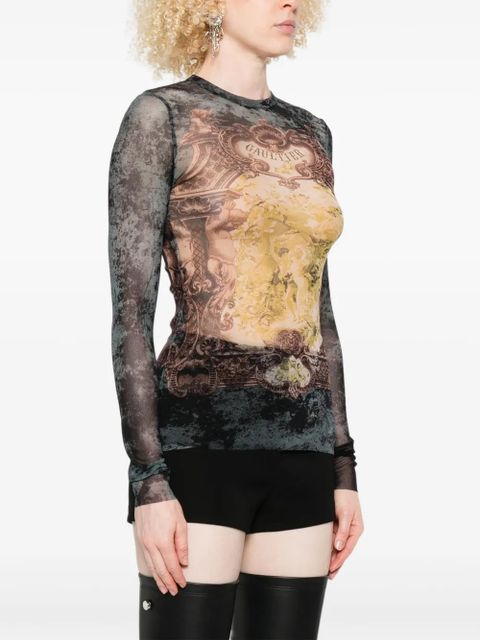 Jean Paul Gaultier baroque-print mesh T-shirt - Black