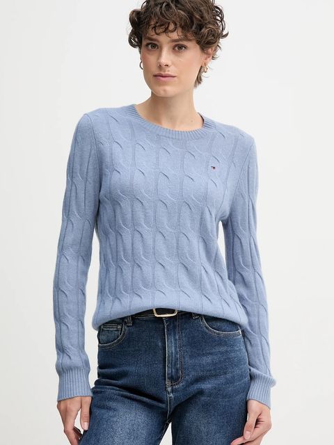 Tommy Hilfiger sweter wełniany damski kolor niebieski lekki WW0WW43586