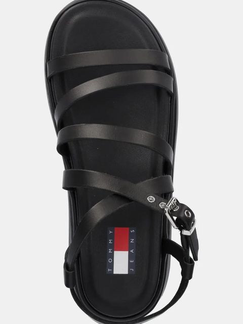 Tommy Jeans sandały skórzane WEDGY STRAPPY SANDAL damskie kolor czarny na platformie EN0EN02756