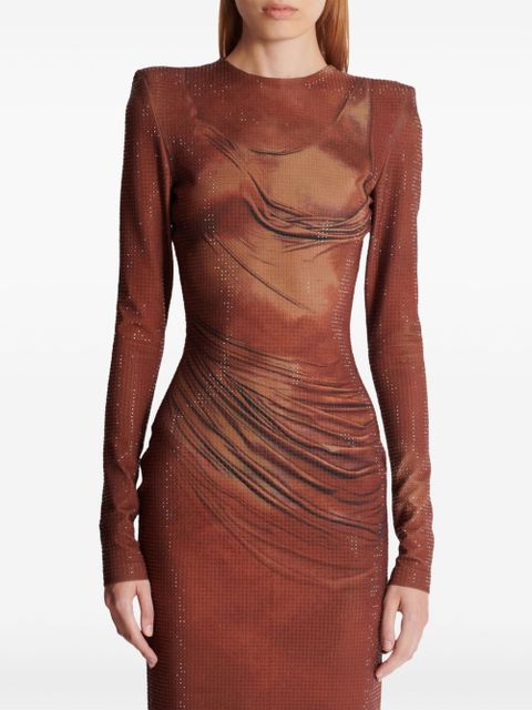 Balmain rhinestone-embellished printed maxi dress - Brown