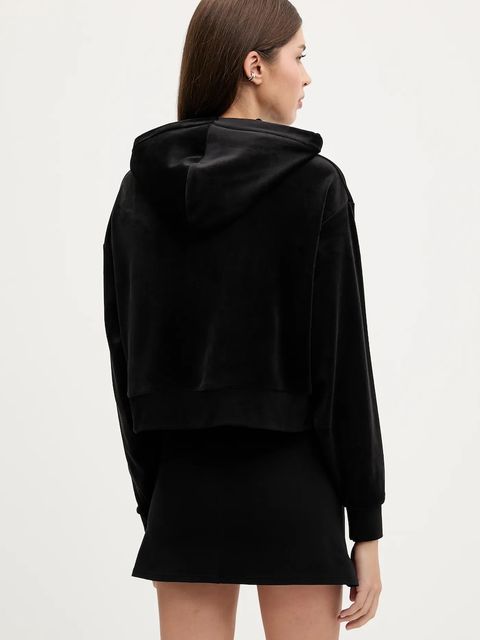 Juicy Couture bluza welurowa BRENDAL CROP OVERSIZED HOODIE damska kolor czarny z kapturem gładka JCBAS225801
