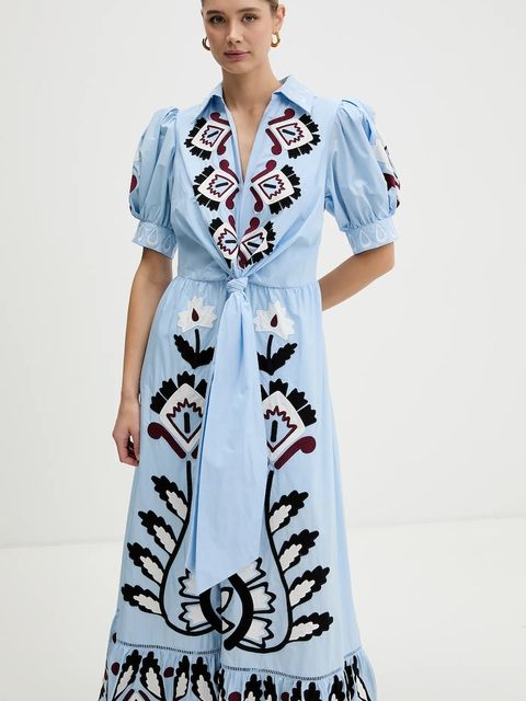 Farm Rio sukienka bawełniana kolor niebieski maxi rozkloszowana 344655