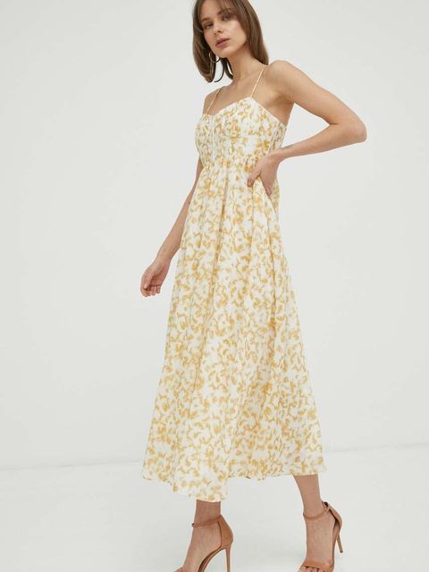 Bardot sukienka kolor beżowy midi rozkloszowana