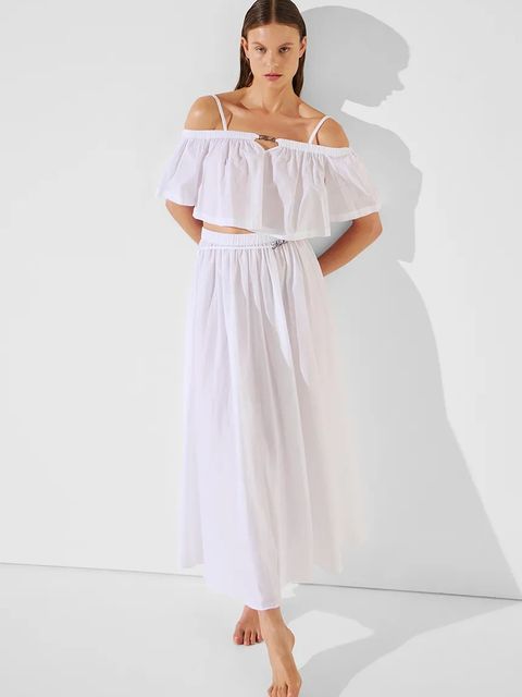 Karl Lagerfeld top bawełniany kolor biały dekolt hiszpański A2W46042