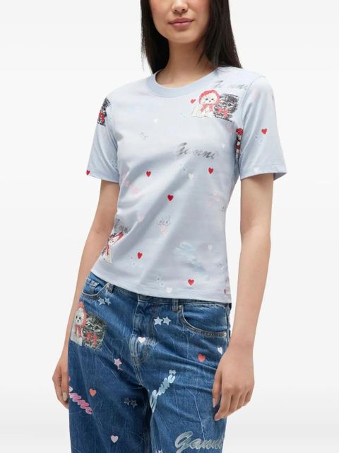 GANNI cat-print short-sleeve top - White