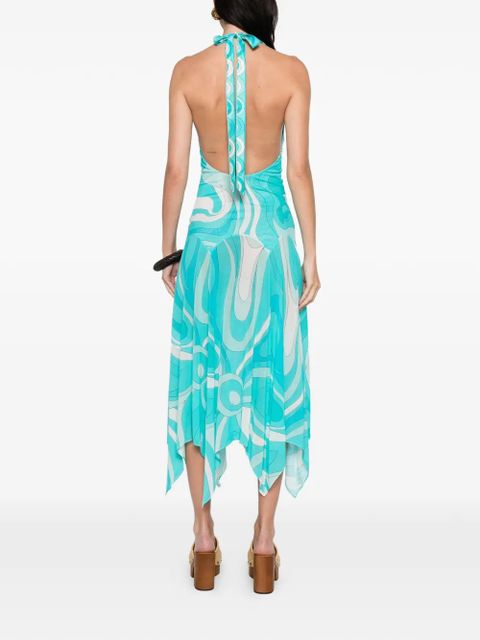 PUCCI Marmo-print V-neck asymmetric dress - Blue