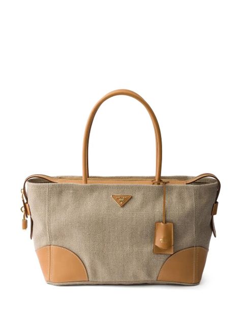 Prada large linen and leather tote bag - Neutrals - zdjęcie produktu nr 1