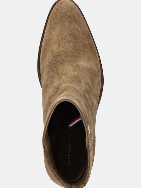 Tommy Hilfiger botki zamszowe WESTERN MID HEEL SUEDE CHELSEA damskie kolor brązowy na słupku FW0FW08888