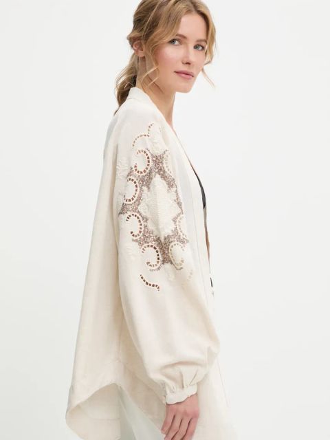 Answear.LAB marynarka z lnem kolor beżowy oversize wzorzysta