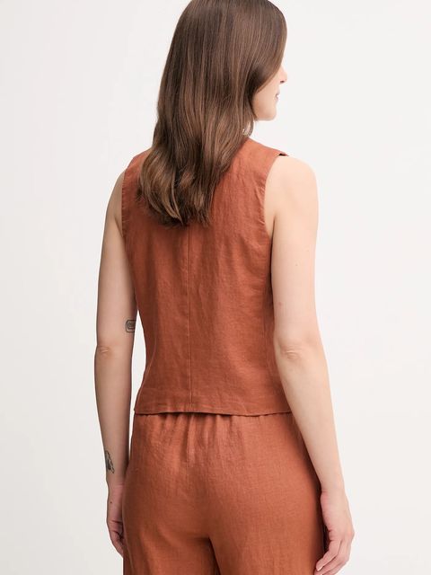 United Colors of Benetton kamizelka lniana kolor pomarańczowy jednorzędowa