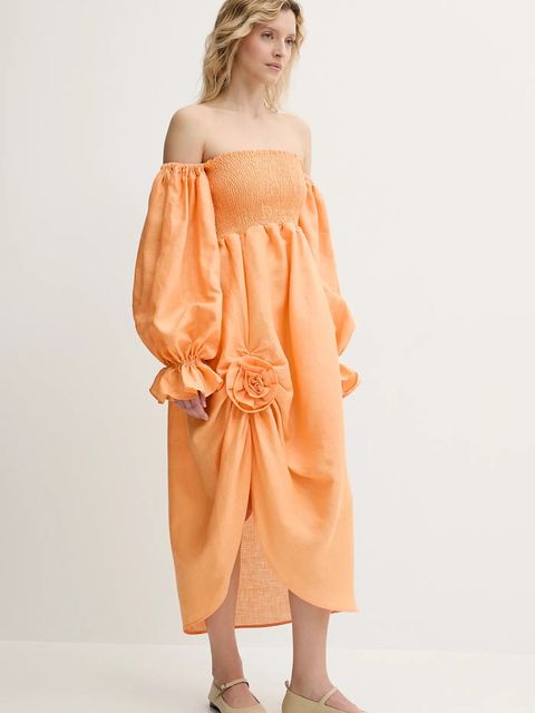 The Sleeper sukienka lniana kolor pomarańczowy midi rozkloszowana ATDR01P014R - zdjęcie produktu nr 2