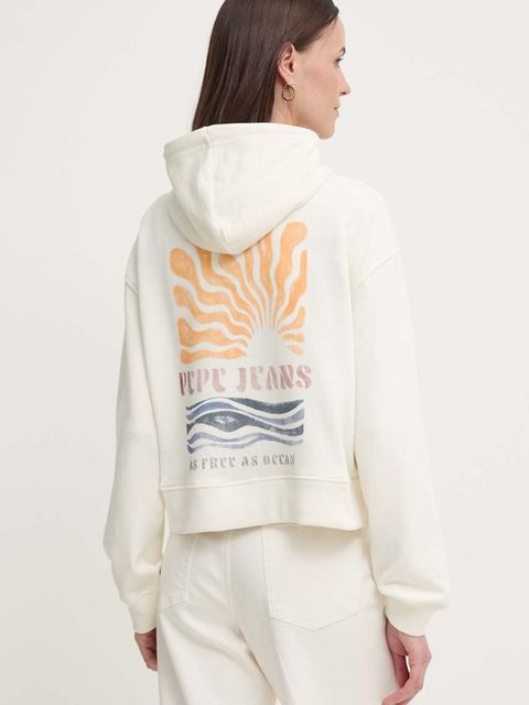 Pepe Jeans bluza EDNA damska kolor beżowy z kapturem z nadrukiem PL581445