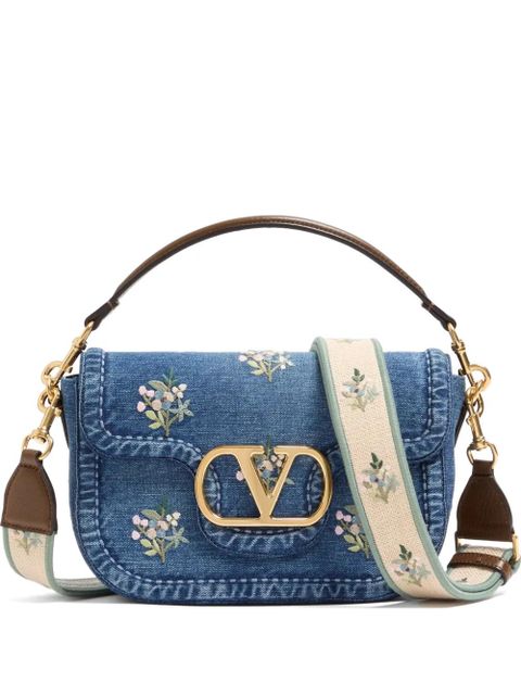Valentino Garavani Alltime medium embroidered denim shoulder bag with embroidered ribbon strap - Blue - zdjęcie produktu nr 1