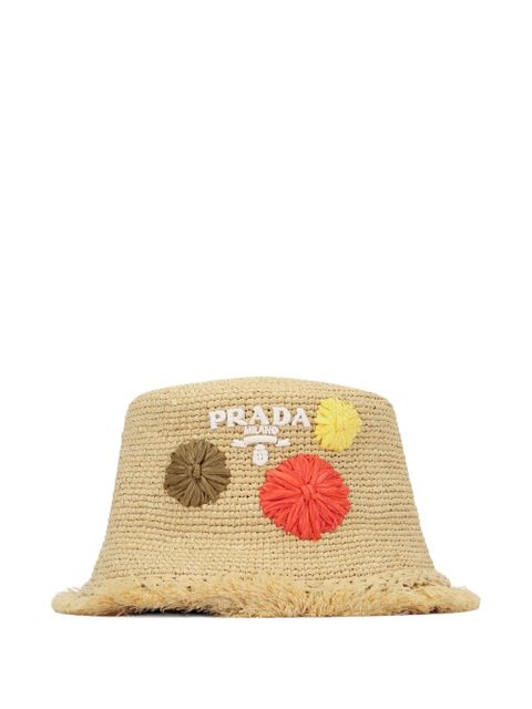 Prada floral-detail fringed hat - Neutrals