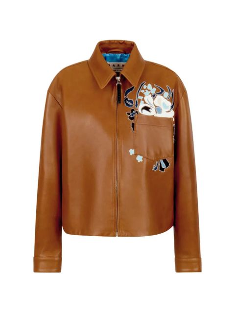 Marni floral intarsia leather overshirt - Brown - zdjęcie produktu nr 1
