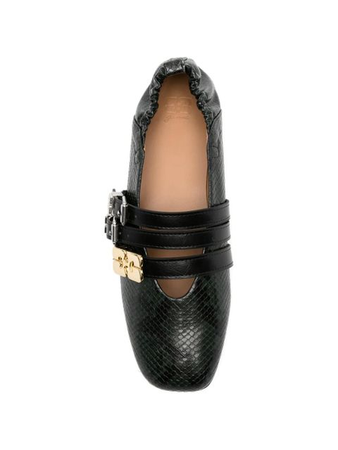GANNI buckled snake-effect flat pumps - Green
