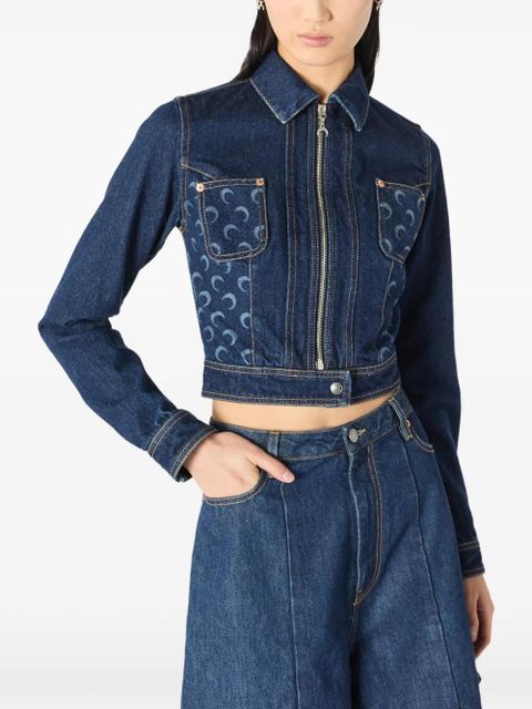 Marine Serre moon-print cropped denim jacket - Blue