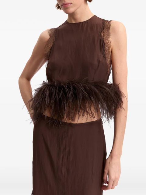 16Arlington Dickens feather-trim lace-detail top - Brown