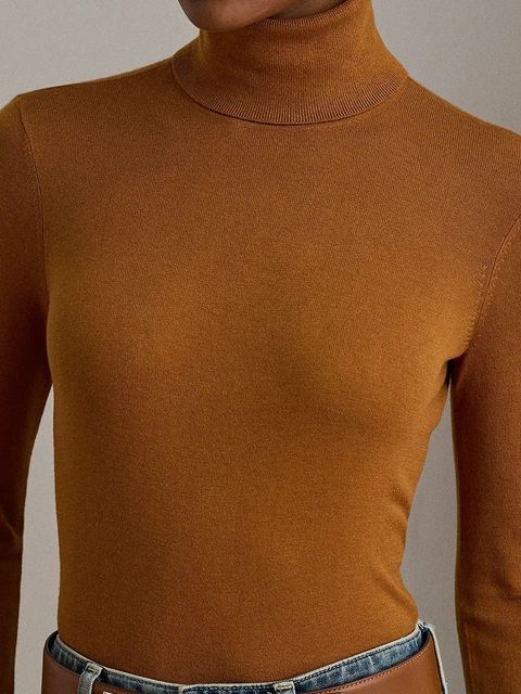 Lauren Ralph Lauren sweter z dodatkiem jedwabiu kolor brązowy z golfem 200940470