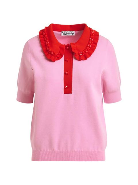 Essentiel Antwerp beaded-embellished ruffled-trim polo top - Pink - zdjęcie produktu nr 1