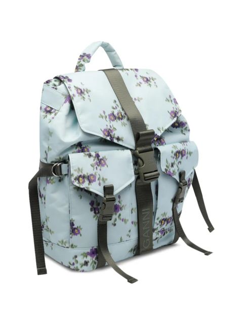 GANNI floral-print buckle-fastening backpack - Blue
