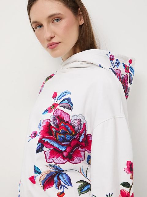 Medicine bluza bawełniana damska kolor beżowy z kapturem wzorzysta