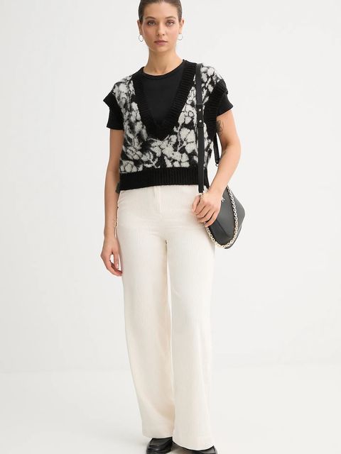 United Colors of Benetton spodnie sztruksowe damskie kolor beżowy proste high waist 4Q5GDF0AI